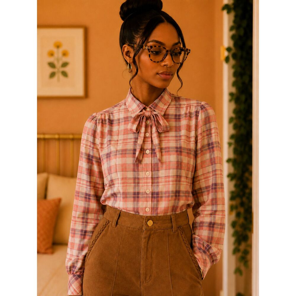 Vintage 70's Act III Women's Plaid Pussybow Tie Blouse Secretary Dark Academia